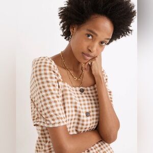 NWT Madewell Gingham Jacquard Square-Neck Puff-Sleeve Top